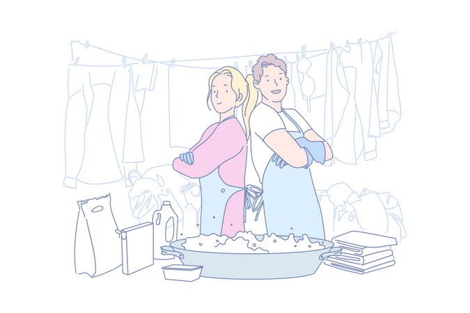 Young couple doing laundry work  일러스트레이션