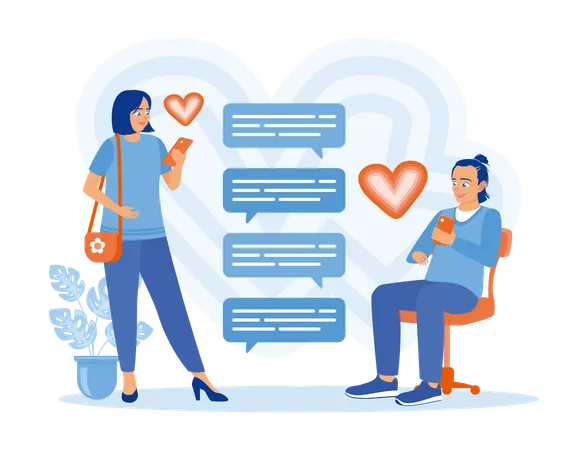 Young couple doing love chatting using mobile  Illustration