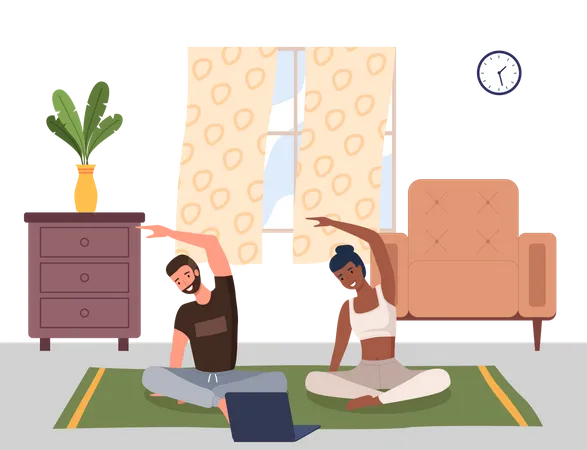 Young couple doing yoga in living room  Illustration