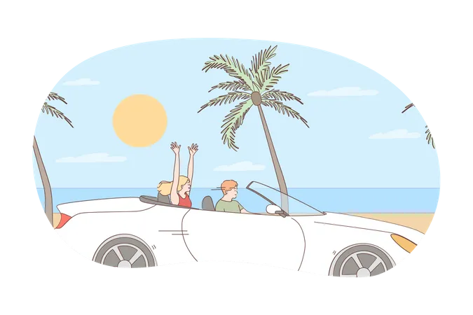 Driving During Vacations Concept Young Happy Couple Cartoon Characters Sitting In Car And Driving Along Seaside In Summer During Traveling Journey Vector Illustration 일러스트레이션