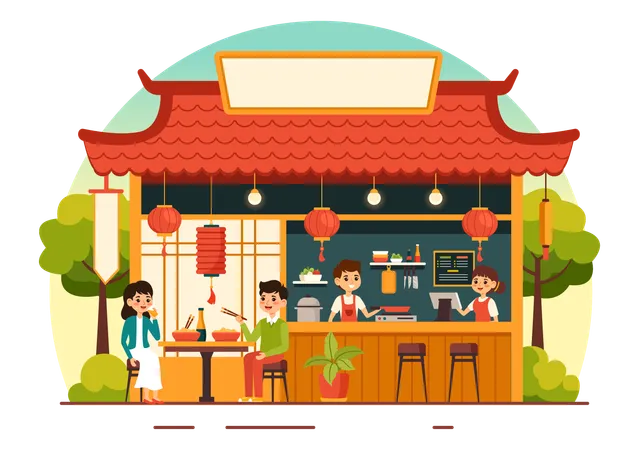 Young couple eating Vietnamese food at restaurant  Illustration