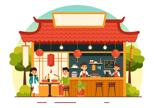 Young couple eating Vietnamese food at restaurant  Illustration