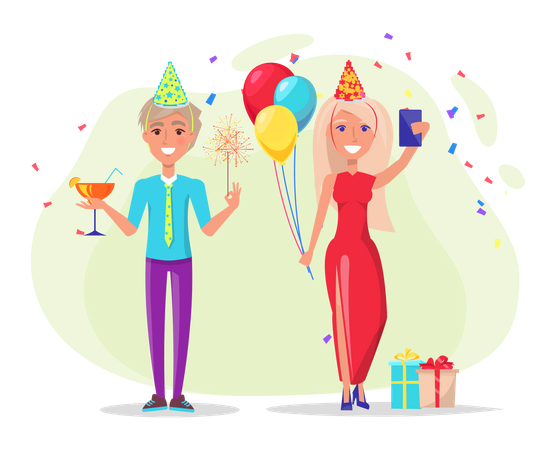 Young couple enjoying birthday party  Illustration