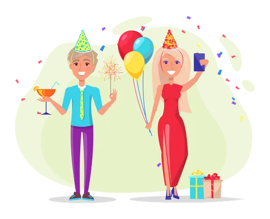 Young couple enjoying birthday party  Illustration