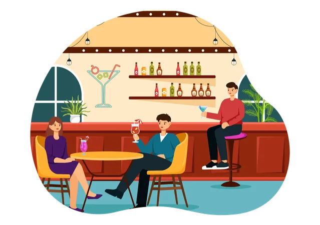 Young couple enjoying cocktail at Cocktail Bar  Illustration