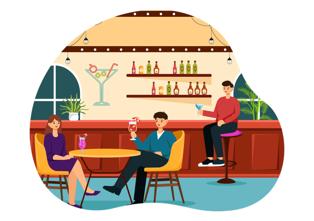 Young couple enjoying cocktail at Cocktail Bar  Illustration