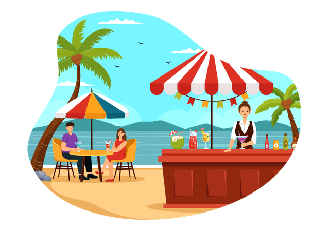 Young couple enjoying drink at Beach bar  Illustration