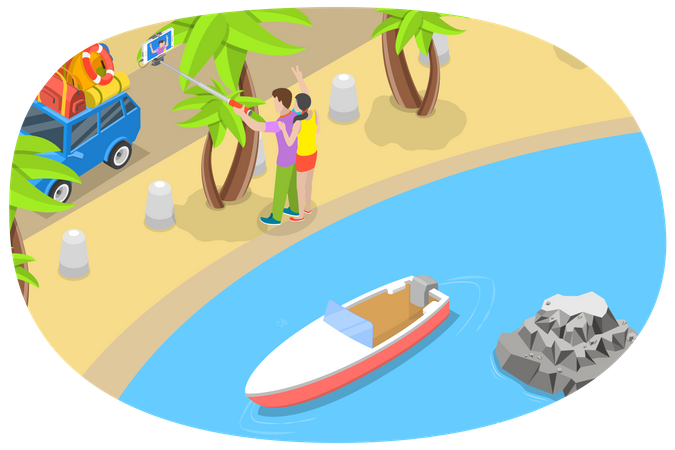 Young couple enjoying holidays on beach  Illustration