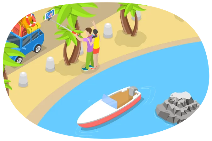 Young couple enjoying holidays on beach  Illustration