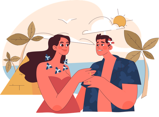 Young couple enjoying honeymoon at beach  イラスト