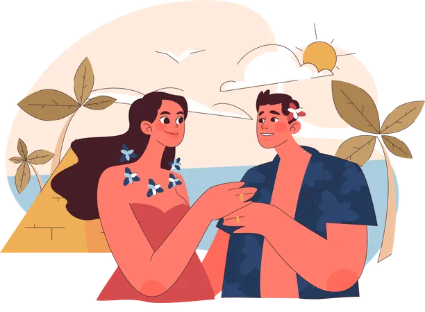 Young couple enjoying honeymoon at beach  Illustration