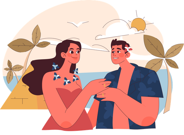 Young couple enjoying honeymoon at beach  일러스트레이션