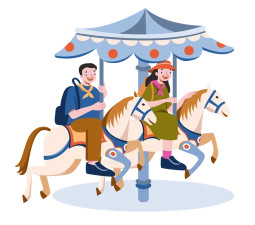 Young couple enjoying horses ride in carnival  Illustration