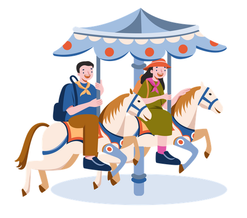 Young couple enjoying horses ride in carnival  Illustration