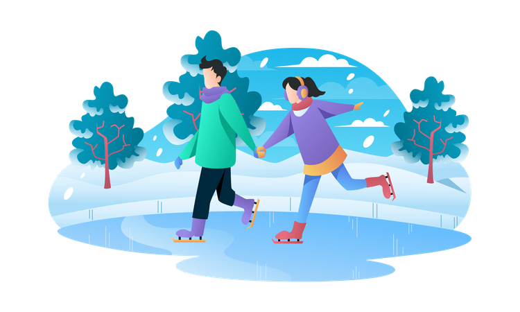 Young couple enjoying ice skating  Illustration