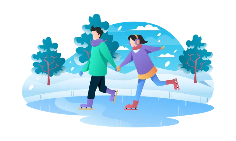 Young couple enjoying ice skating  Illustration