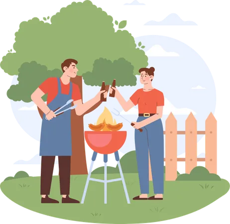 Young couple enjoying outdoor cooking  Illustration