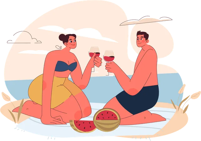 Young couple enjoying watermelon juice at beach  Illustration