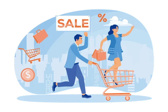 Young Couple Enjoys Shopping Together  Illustration