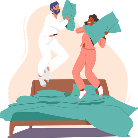 Young Couple, Fight on Pillows on bed Illustration