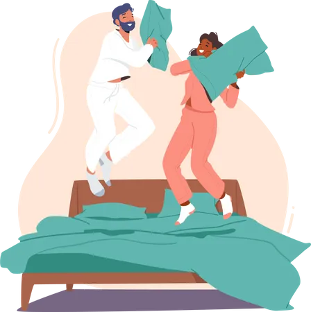 Young Couple, Fight on Pillows on bed Illustration