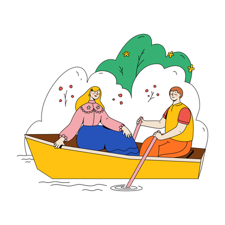 Young Couple Floating In A Boat On A Lake  Illustration