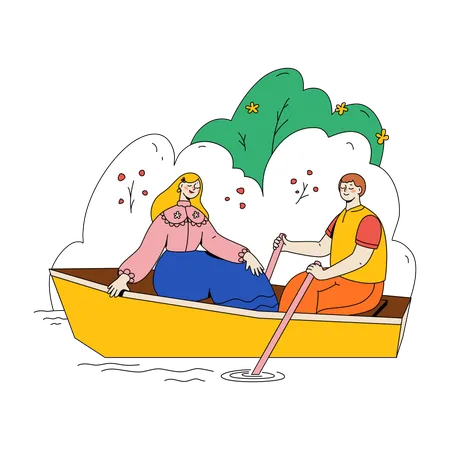 Young Couple Floating In A Boat On A Lake  Illustration