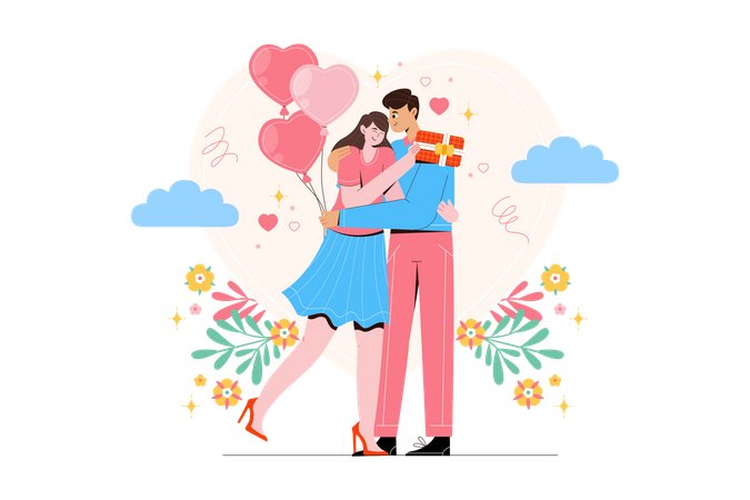 Young couple giving a special gift by celebrating Valentine's Day Illustration