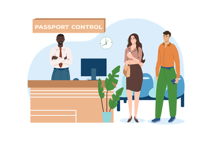 Young couple goes through passport control to fly on vacation  Illustration