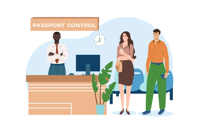 Airport Blue Concept With People Scene In The Flat Cartoon Design Young Couple Goes Through Passport Control To Fly On Vacation Vector Illustration Illustration