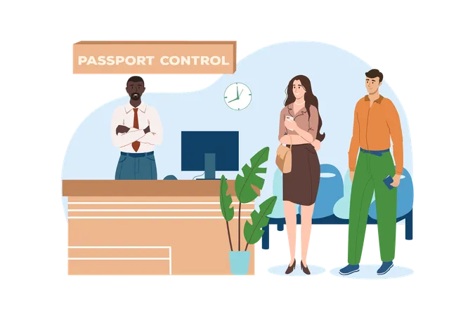 Young couple goes through passport control to fly on vacation  Illustration