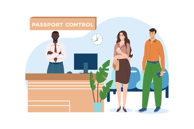 Young couple goes through passport control to fly on vacation Illustration