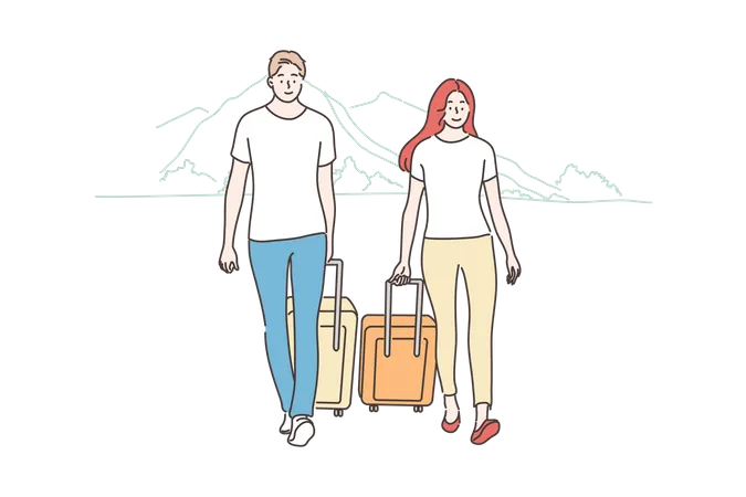 Couple Travelling Tourism Concept Young Happy Man Woman Boyfriend Girlfriend Travelers Tourists Walk With Luggage Together Discovery And Exploration Or Adventure Lifestyle Recreation Illustration Illustration