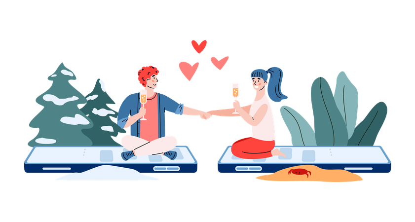 Young couple having online romantic date  Illustration