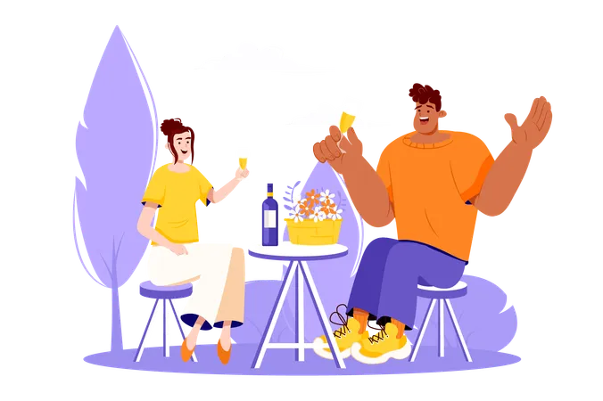 Date Violet Concept With People Scene In The Flat Cartoon Design The Young Couple Arranged A Romantic Dinner To Celebrate The Important Date Vector Illustration Illustration