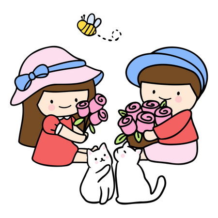 Young Couple Holding Bouquet Illustration