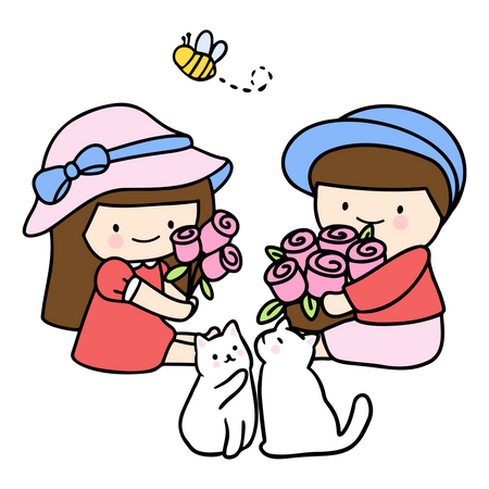 Young Couple Holding Bouquet  Illustration