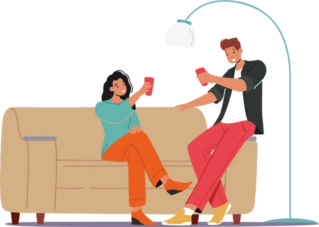 Young Couple Man And Woman Holding Glasses Sit On Couch Celebrating Holiday Drinking Alcohol Cocktail Flirting And Communicating On Birthday Home Party Or Festive Event Cartoon Vector Illustration Illustration
