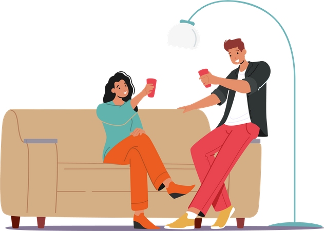 Young Couple Holding Glasses Sit on Couch  Illustration