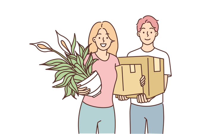 Young couple holding plant and cargo box  일러스트레이션