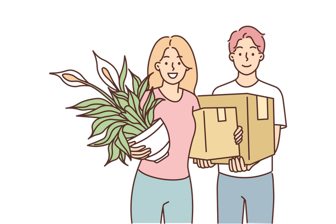 Young couple holding plant and cargo box  Illustration