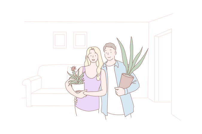 Young couple holding plant pot  Illustration