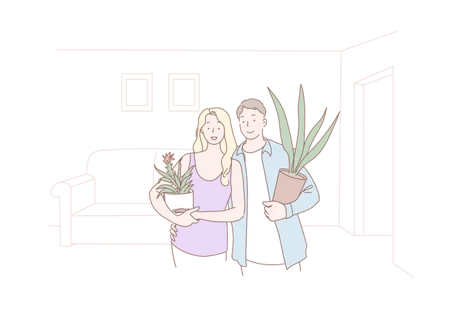 Young couple holding plant pot  Illustration