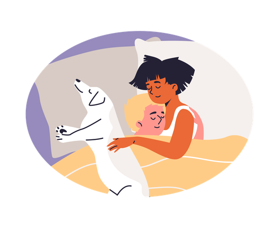 Young couple hugging and sleeping on the bed with pet  Illustration