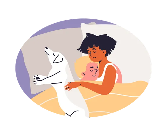 Young couple hugging and sleeping on the bed with pet  Illustration