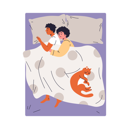 Young couple hugging under the blanket lying on the bed with cat  Illustration