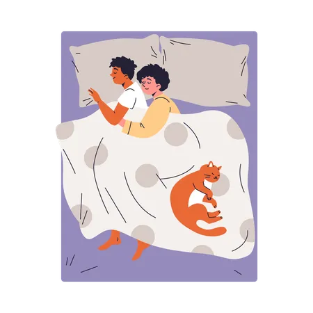 Young couple hugging under the blanket lying on the bed with cat  Illustration