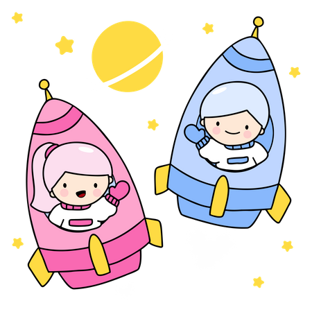 Young Couple In Rocket Illustration