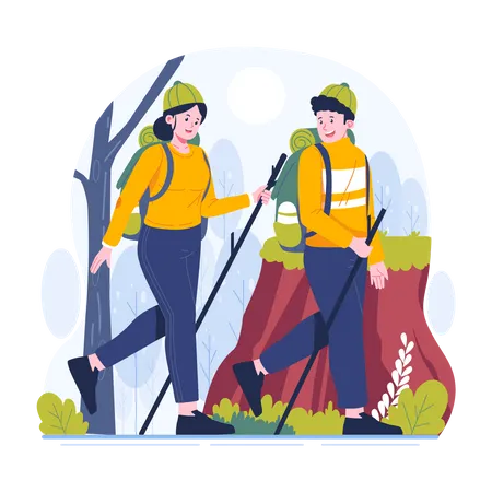 Young couple is climbing a mountain together Illustration