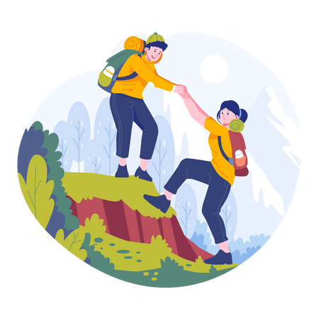 Young couple is climbing a mountain together  Illustration